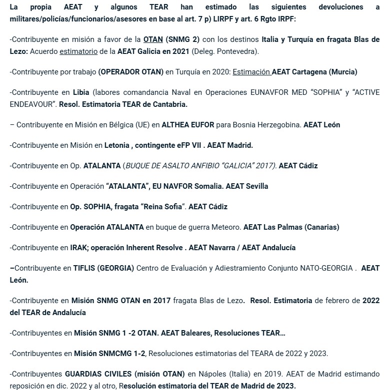 Exención articulo 7 Ley IRPF militares, guardias civiles, policías, misiones en el extranjero