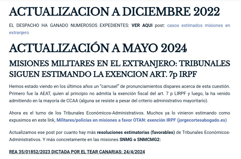 Exención articulo 7 Ley IRPF militares, guardias civiles, policías, misiones en el extranjero Actualizaciones